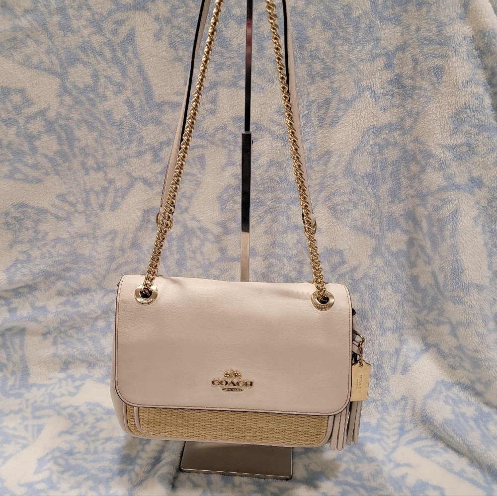 Coach Cream Leather & Woven Shoulder Bag with Gold Chain.  2023